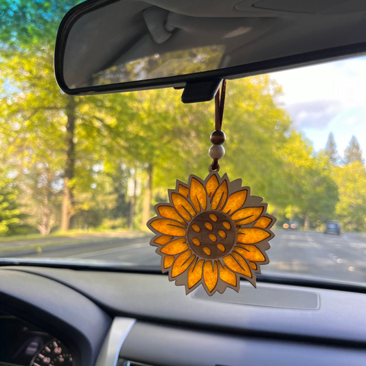 Natural Sunflower Car Air Freshener - Natural Boho Sun Catcher -Air Freshie -Essential oil